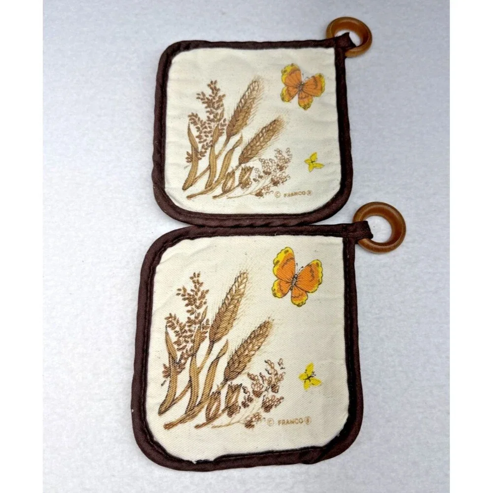Franco Vintage 70s Potholders Set 2 Wheat Butterfly Hot Pads Retro Kitchen